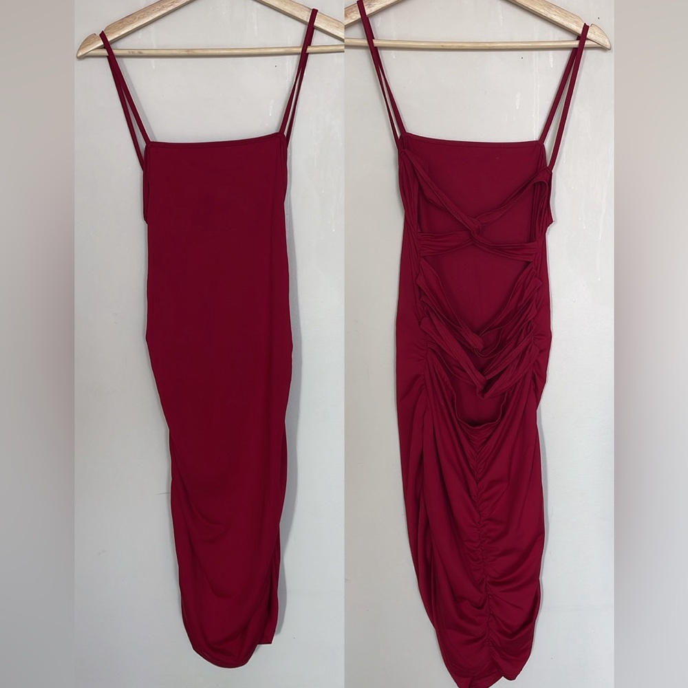 Elegant Red Draped Midi Dress